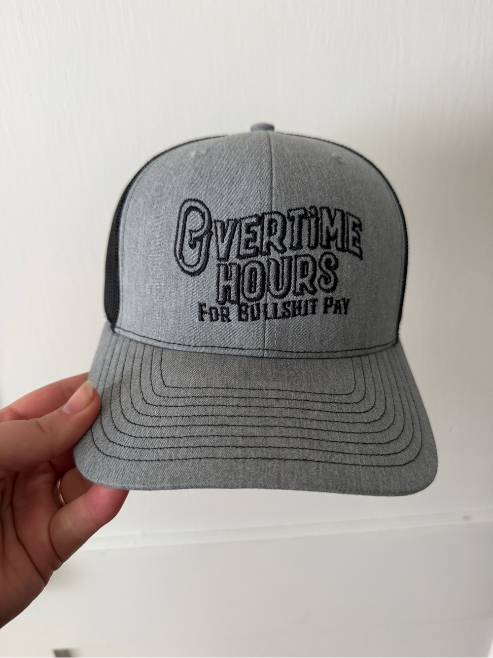 Gray Embroidered Trucker Hat - "Overtime Hours"